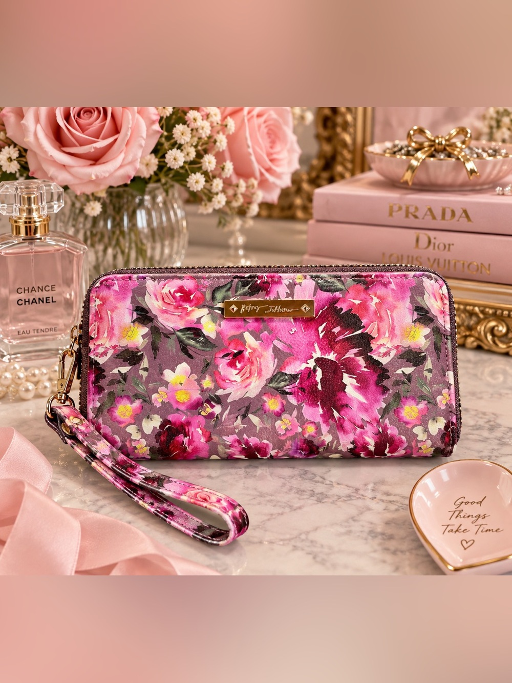 Betsey Johnson Pink Floral Wristlet Zip Wallet